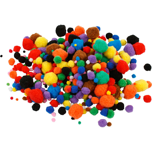 Pom poms, dia. 5-40 mm, assorted colours, 42 g-
