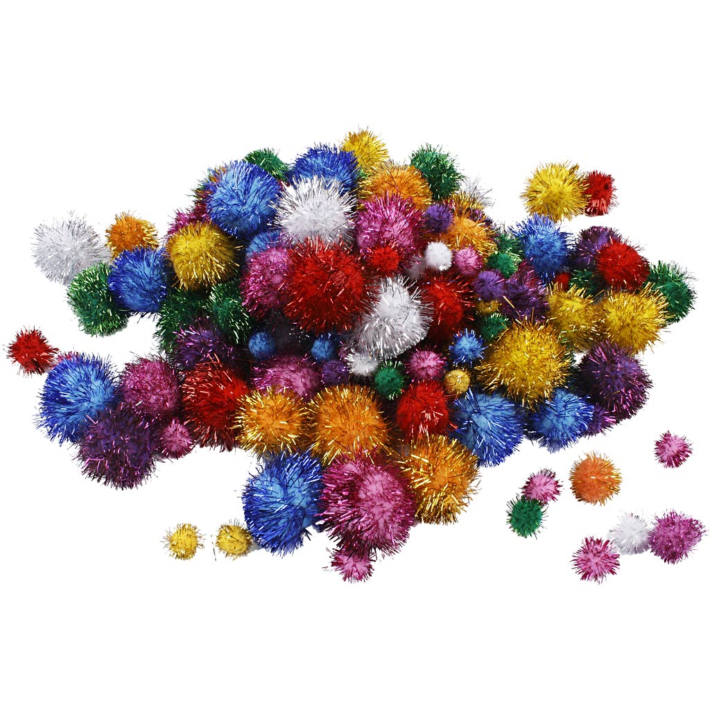 Pompoms, dia. 15-40 mm, glitter, bold colours, 62 g-