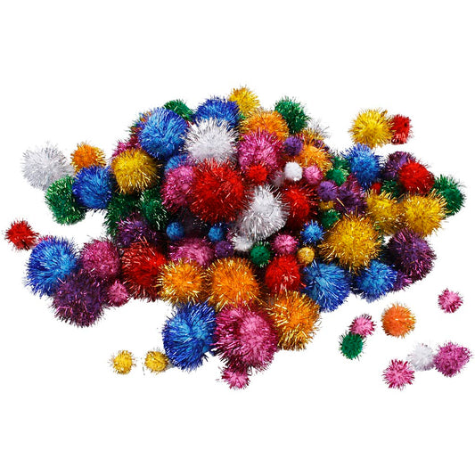 Pompoms, dia. 15-40 mm, glitter, bold colours, 62 g-