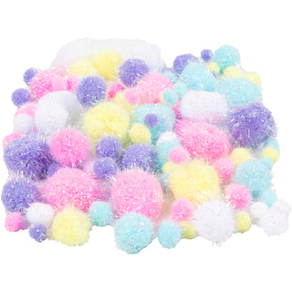 Pompoms, dia. 15-40 mm, glitter, ca. 75 pc, pastel colours, 62 g/ 1 pack