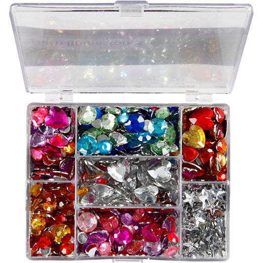 Rhinestones in Display Box, Rounds. stars. hearts, dia. 6+7+9+10+11+12+14+16 mm, blue, pink, silver, 300 pc/ 1 pack