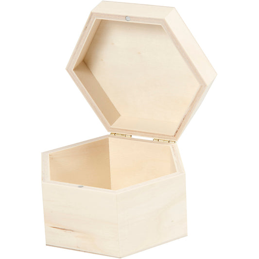 Hexagonal box of light wood with magnetic lock .