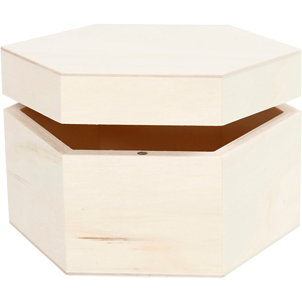 Hexagonal box of light wood with magnetic lock .