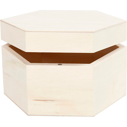 Hexagonal box of light wood with magnetic lock .