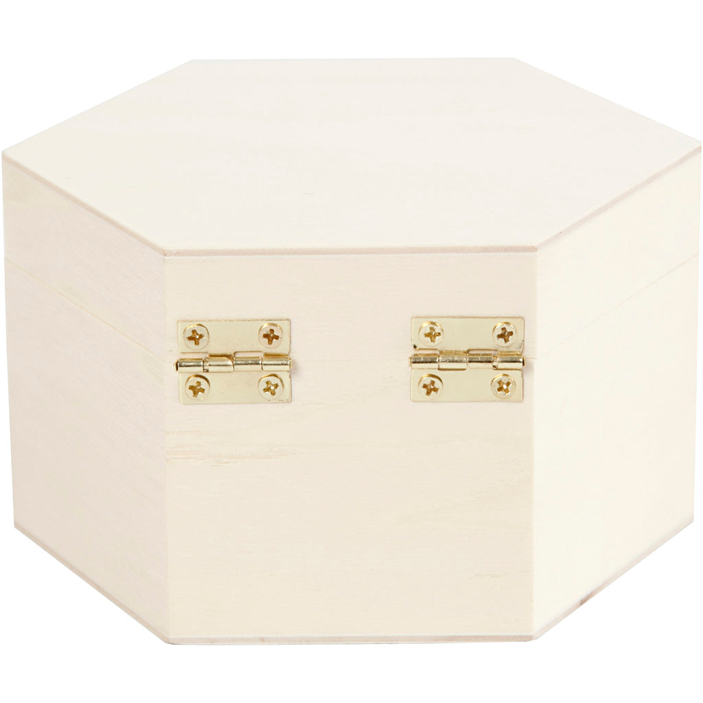 Hexagonal box of light wood with magnetic lock .