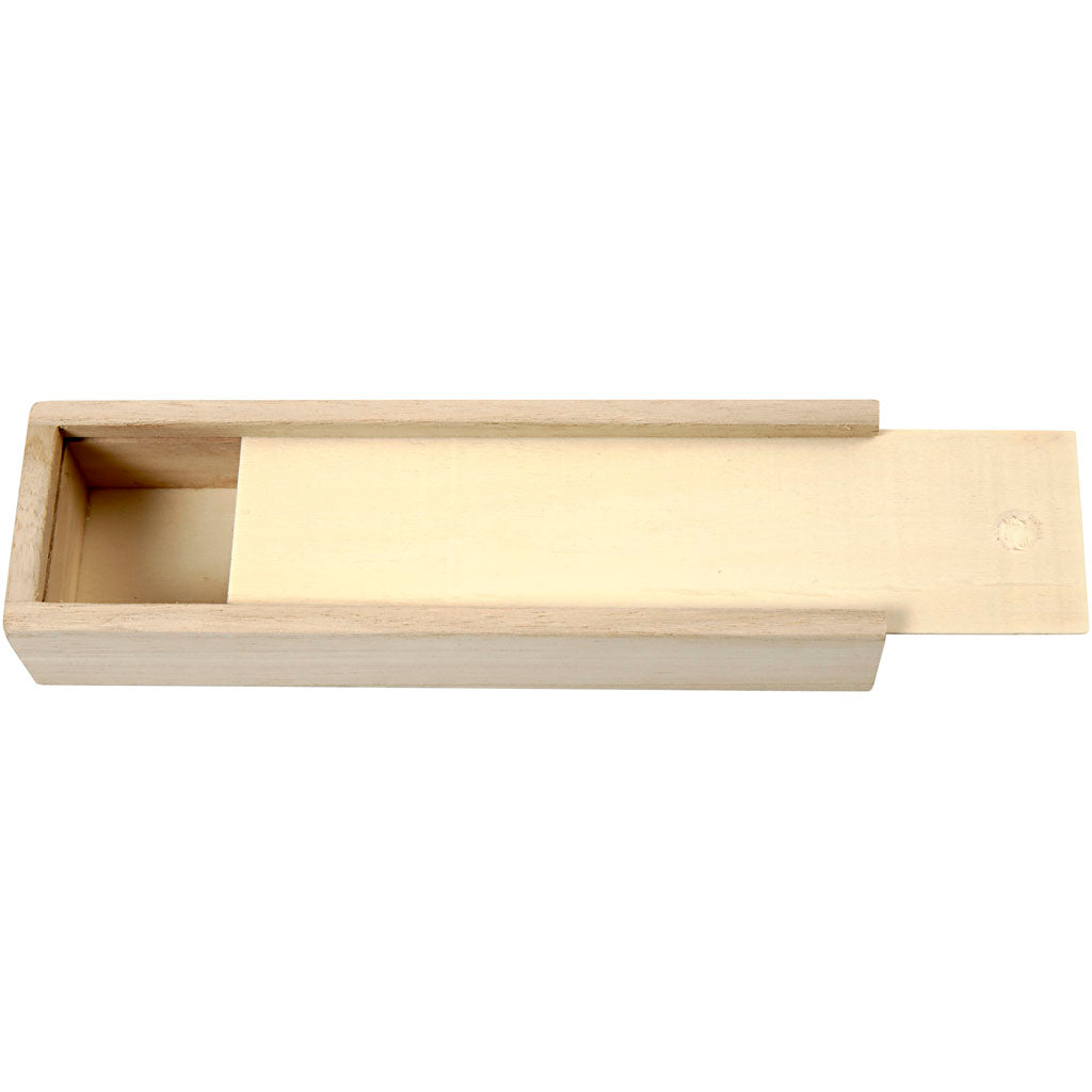 Pencil case of light wood with sliding lid.