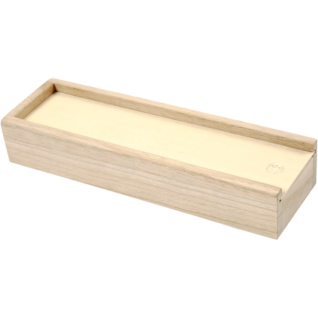 Pencil case of light wood with sliding lid.