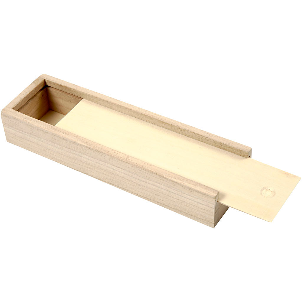 Pencil case of light wood with sliding lid.