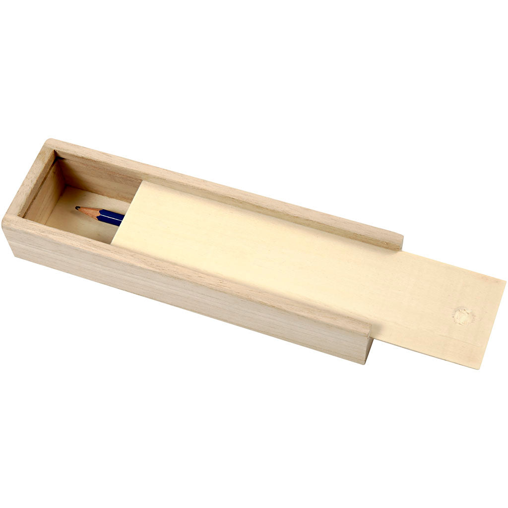 Pencil case of light wood with sliding lid.