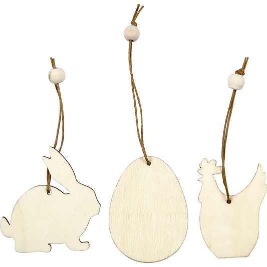 Wooden Ornament, rabbit, egg, hen, size 6 cm, thickness 3 mm, 9 pc/ 1 pack