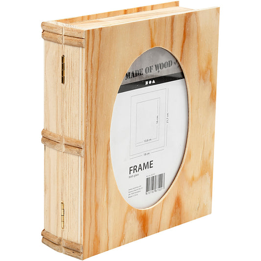 Wooden box in a book shape .
