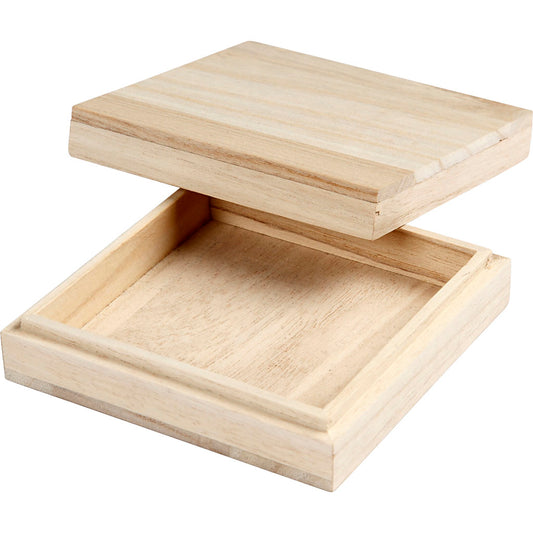 Wooden box in light wood with a loose lid .