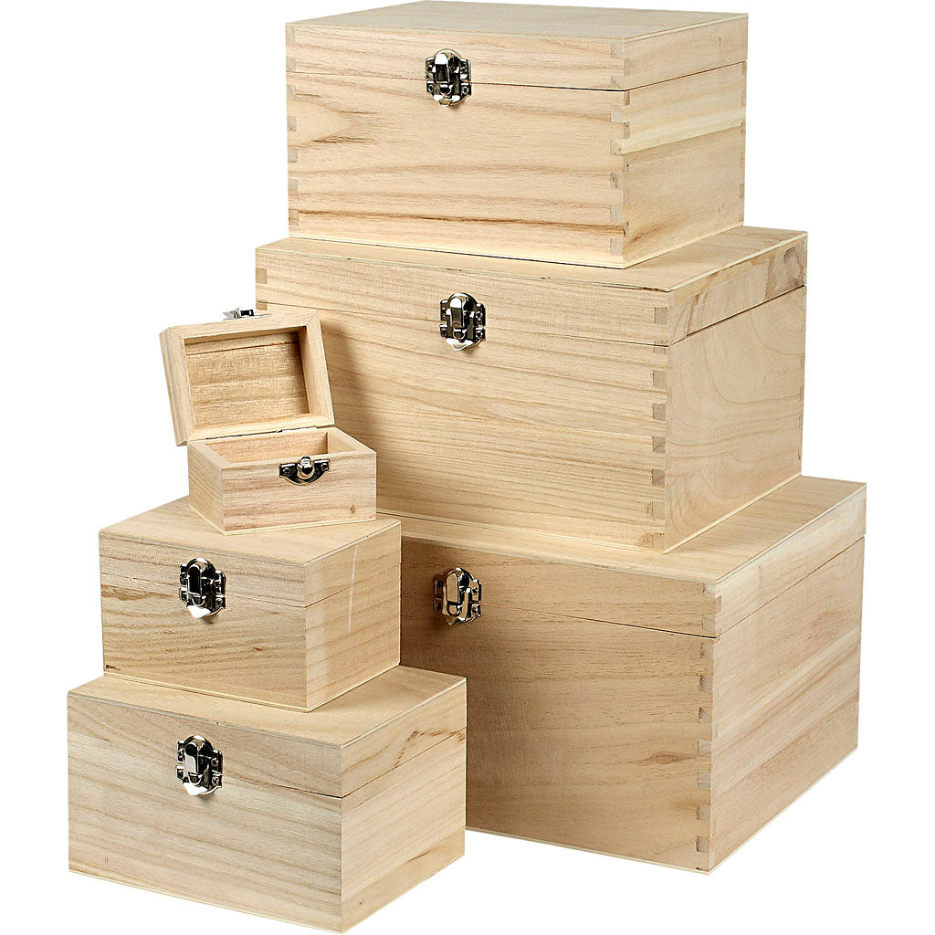 Square wood boxes with metal clasp - set of 6 different sizes