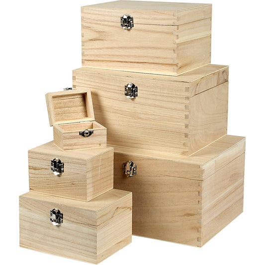 Square wood boxes with metal clasp - set of 6 different sizes