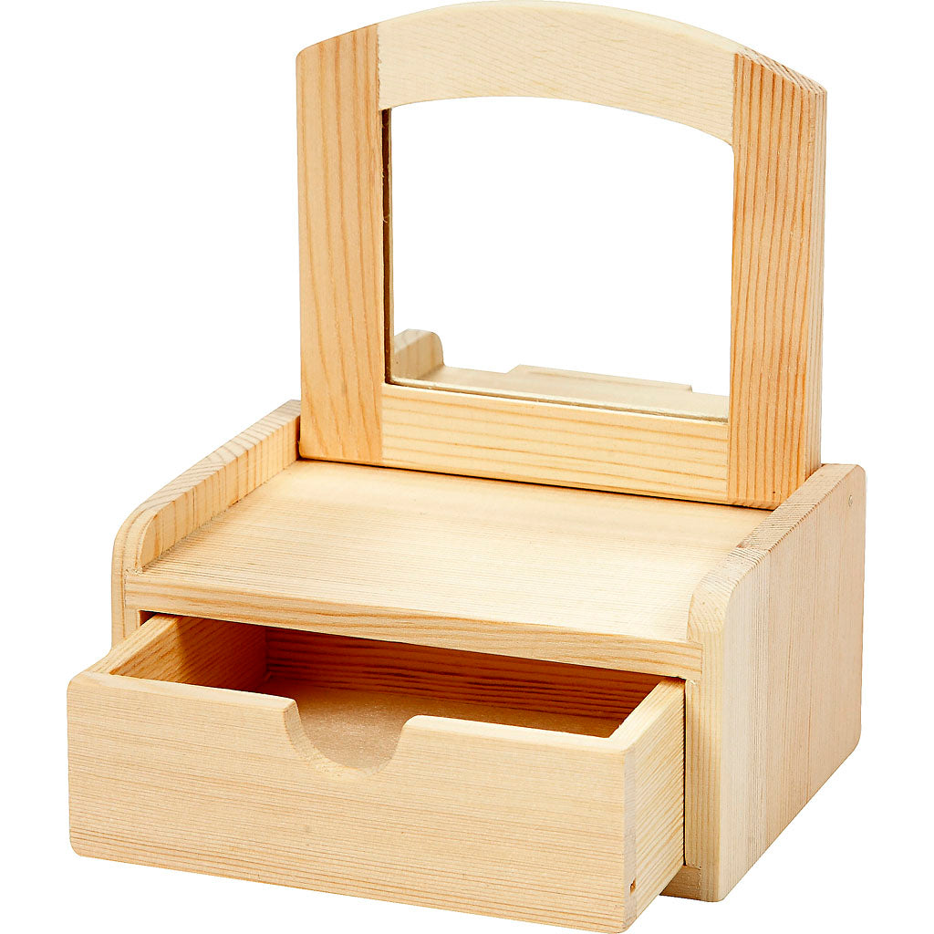Wood drawer with tilt mirror.