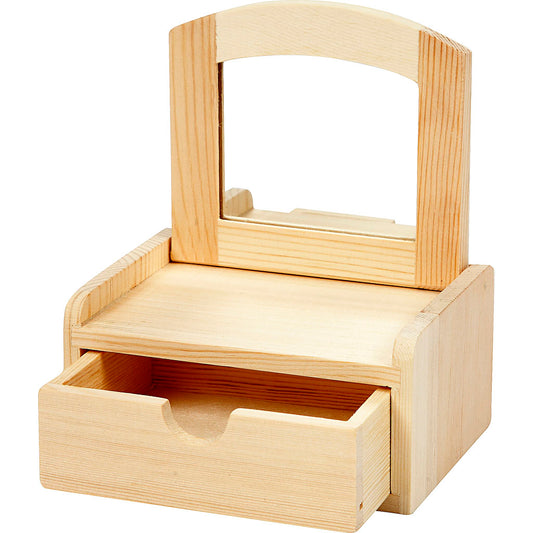 Wood drawer with tilt mirror.