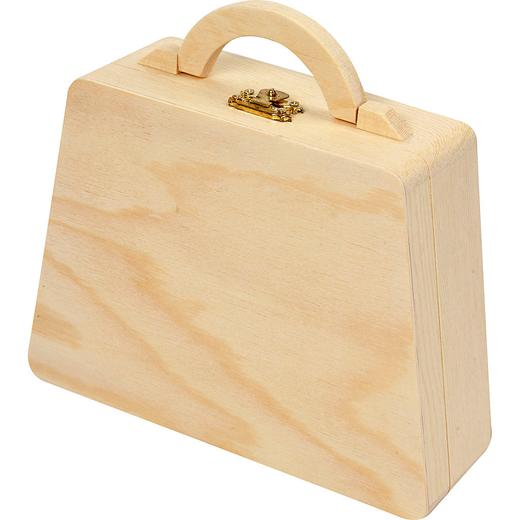 Wooden bag with handle and clasp.