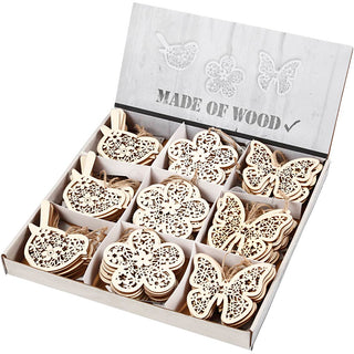 Wooden Ornament, butterfly, flower and bird, H: 10 cm, W: 10 cm, 90 pc/ 1 pack