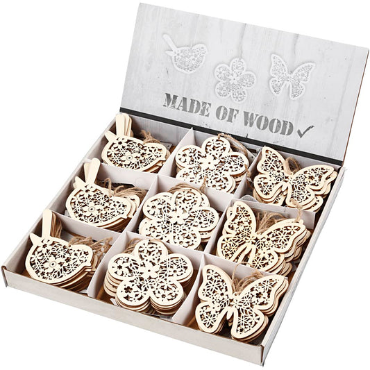 Wooden Ornament, butterfly, flower and bird, H: 10 cm, W: 10 cm, 90 pc/ 1 pack