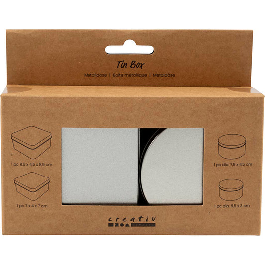 Tin Box, Round and square, H: 3-4,5 cm, dia. 6,5+7,5 cm, size 7x7+8,5x8,5 cm, grey metal, 4 pc/ 1 pack