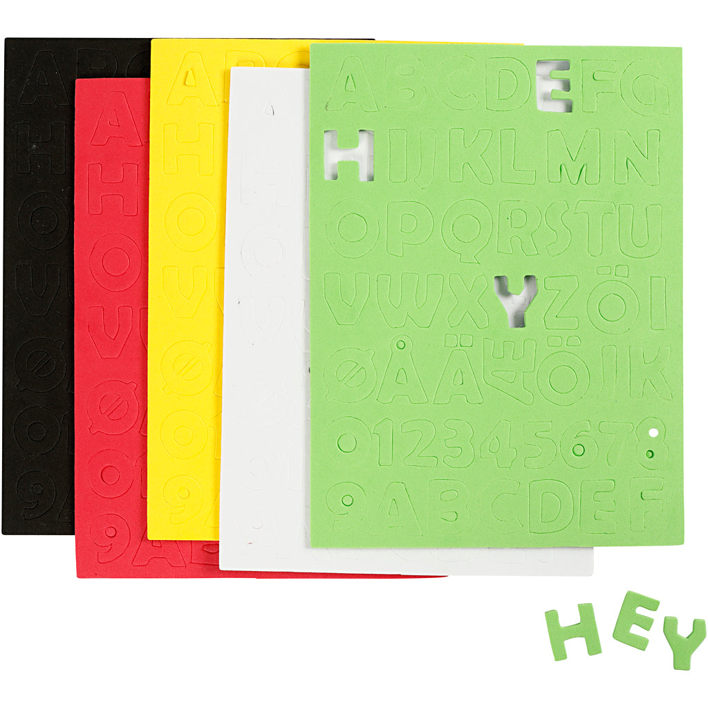 EVA Foam Letters & Numbers, sheet 15x21 cm, size 2-2,3 cm, thickness 2 mm, assorted colours, 5 sheet-