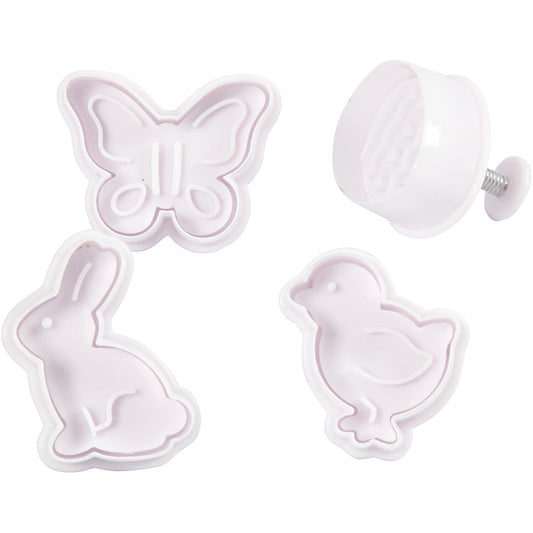 Embossing Cookie Cutters, Easter egg, hare, chicken, butterfly, H: 5 cm, white, 4 pc/ 1 pack