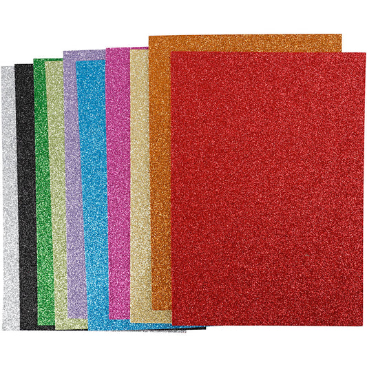 EVA Foam Sheets, A4, sheet 210x297 mm, thickness 2 mm, glitter, assorted colours, 10 ass sheets/ 1 pack