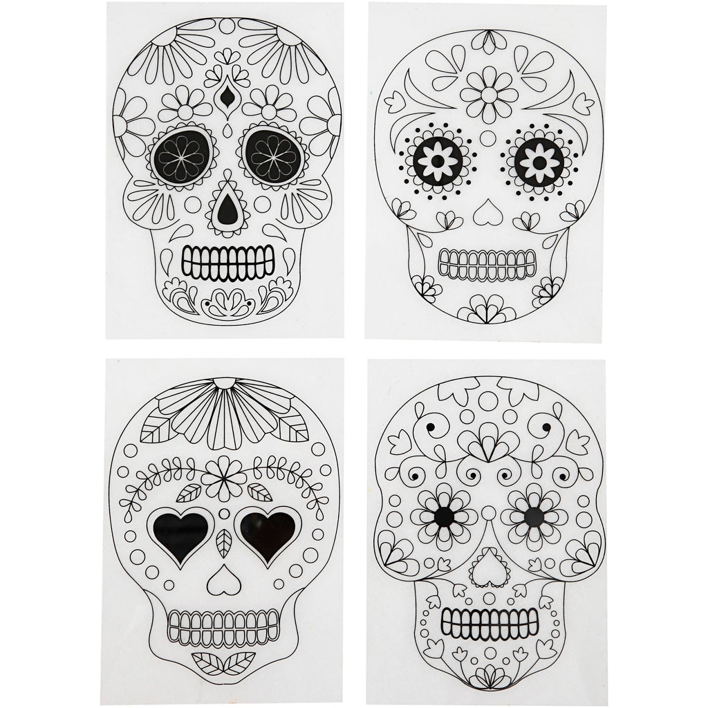 Shrink plastic sheets with motifs, Skulls, sheet 10,5x14,5 cm, thickness 0,3 mm, matt transparent, 4 sheet-
