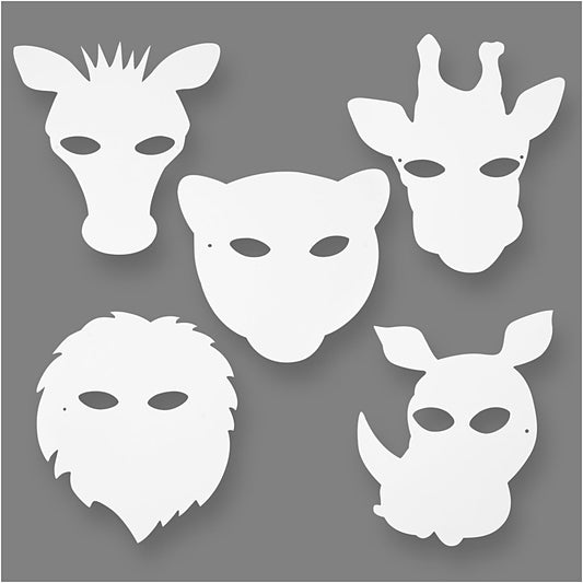 Jungle Animal Masks, H: 22,5-25 cm, W: 20,5-22,5 cm, 230 g, white, 16 pc-
