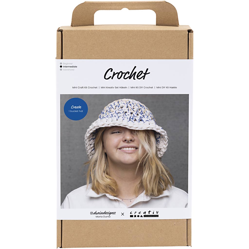 Craft Kit Crochet, Chunky Bucket Hat, blue, light natural, yellow