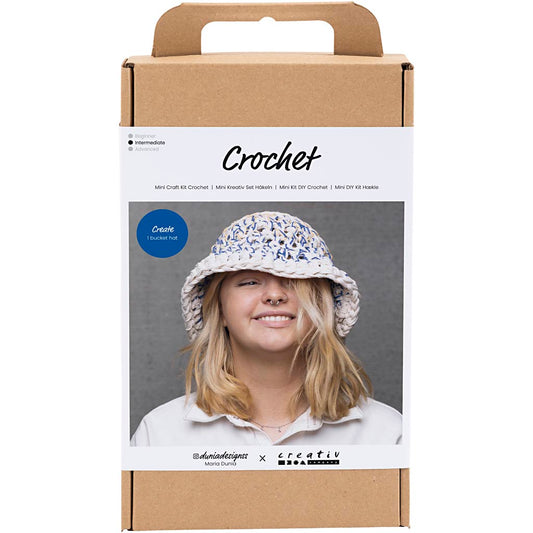 Craft Kit Crochet, Chunky Bucket Hat, blue, light natural, yellow