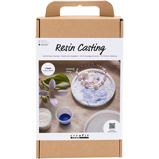 Craft Kit Resin Casting, Round Tray with Marbling, blue, white