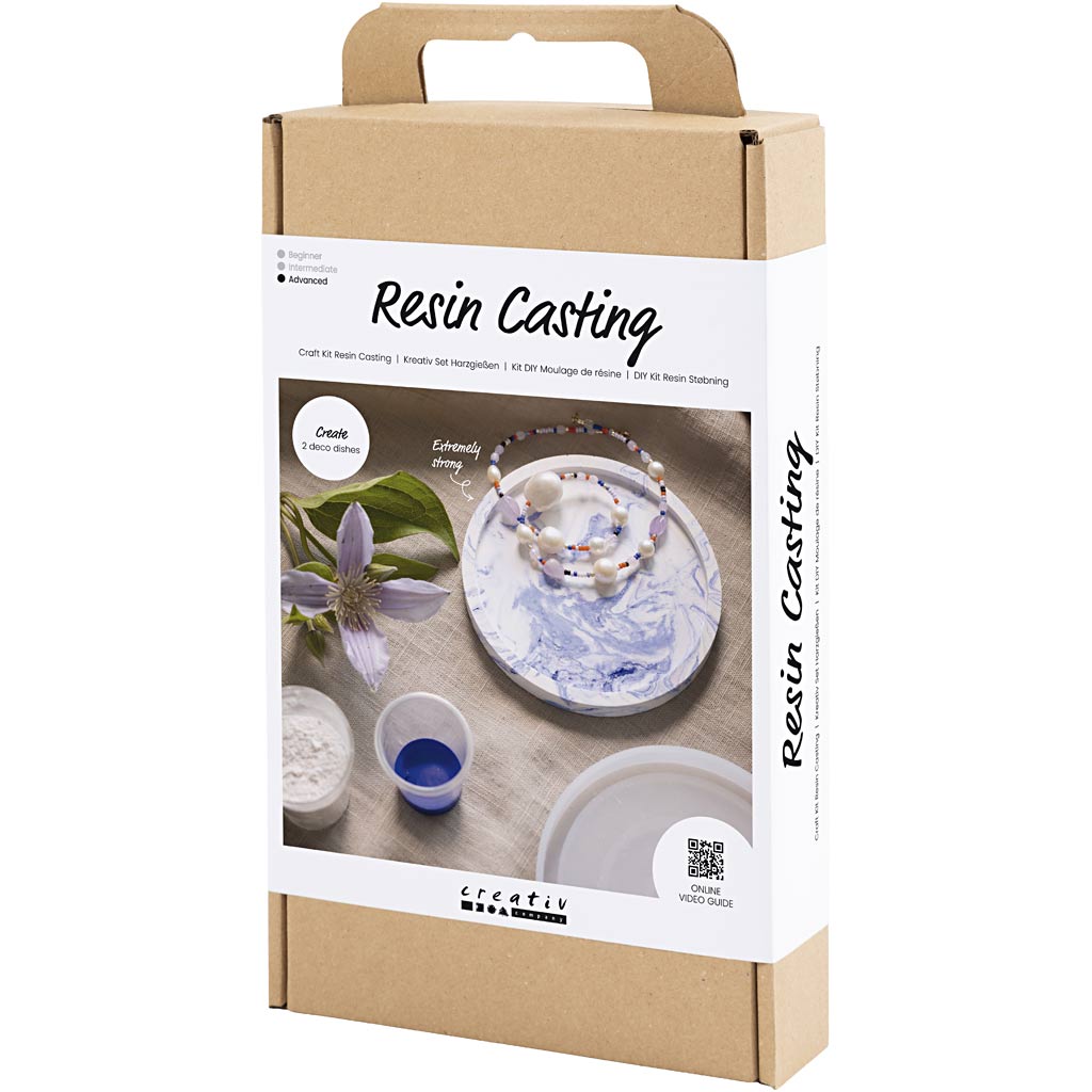 Craft Kit Resin Casting, Round Tray with Marbling, blue, white