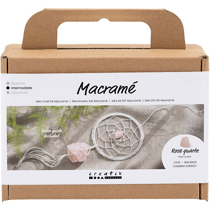 Mini Craft Kit Macramé, Dreamcatcher with rose quartz crystal, light rose, white