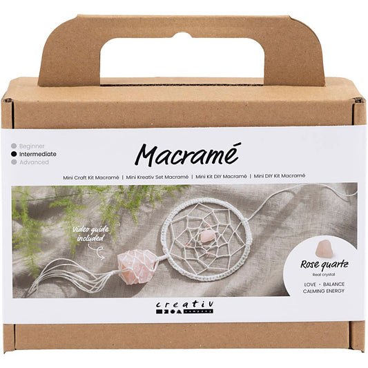 Mini Craft Kit Macramé, Dreamcatcher with rose quartz crystal, light rose, white