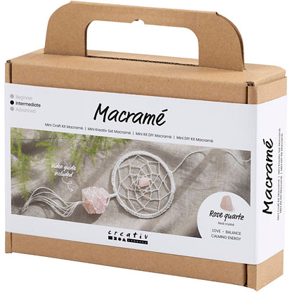 Mini Craft Kit Macramé, Dreamcatcher with rose quartz crystal, light rose, white