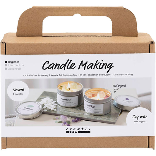 Mini Craft Kit Candle Making, Soy candle with aventurin and amethyst, cream, off white
