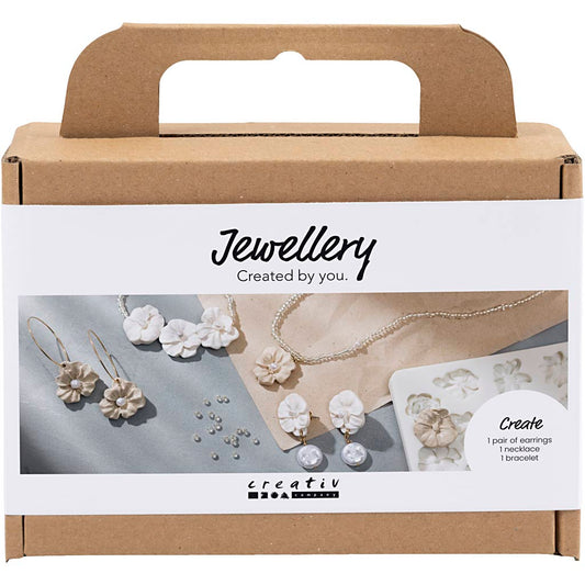 Mini Craft Kit Jewellery, Floral-design earrings, bracelet and necklace, beige, light beige, warm beige