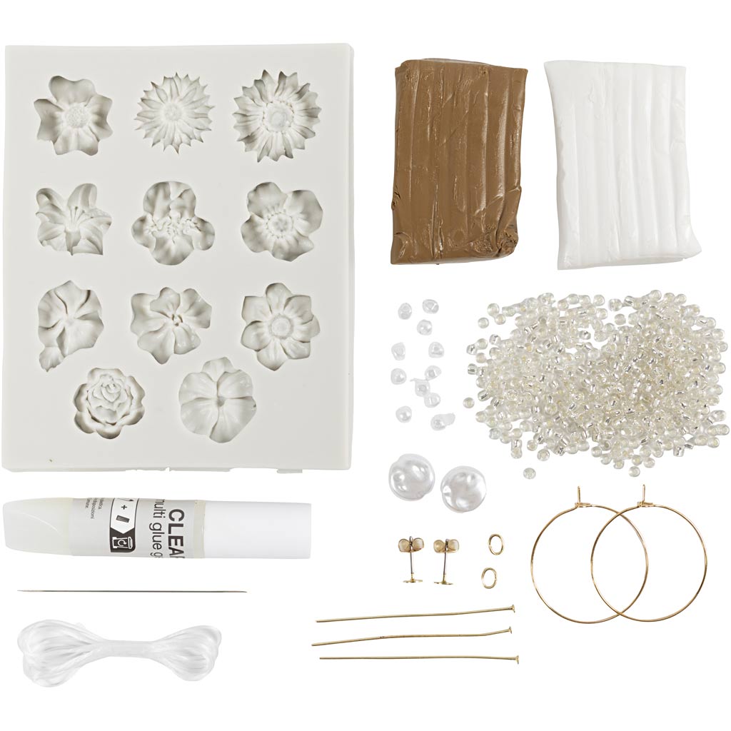 Mini Craft Kit Jewellery, Floral-design earrings, bracelet and necklace, beige, light beige, warm beige