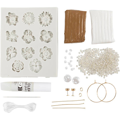 Mini Craft Kit Jewellery, Floral-design earrings, bracelet and necklace, beige, light beige, warm beige