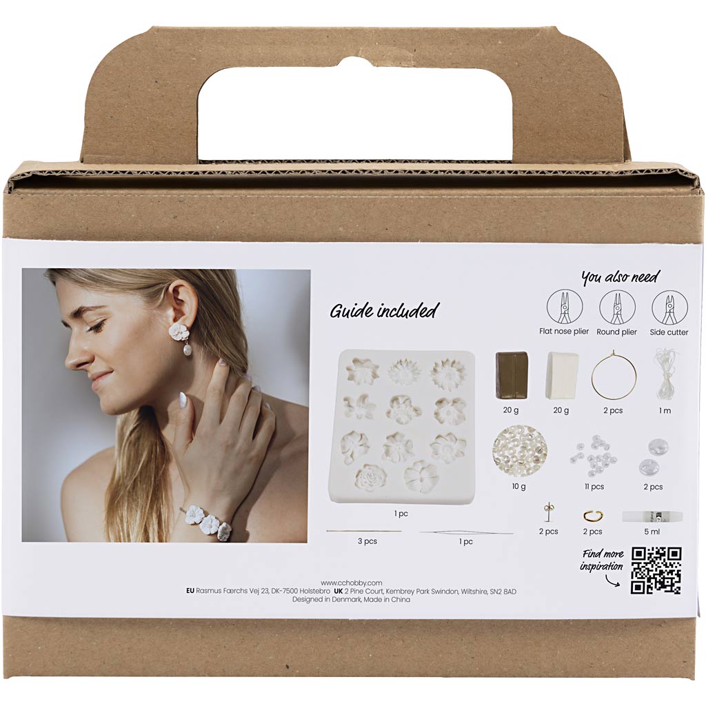 Mini Craft Kit Jewellery, Floral-design earrings, bracelet and necklace, beige, light beige, warm beige