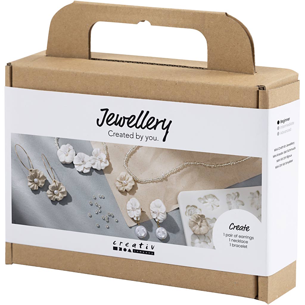 Mini Craft Kit Jewellery, Floral-design earrings, bracelet and necklace, beige, light beige, warm beige