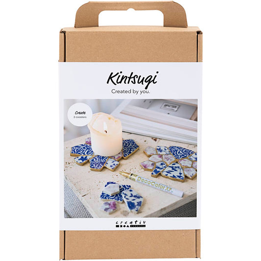 Craft Kit Kintsugi, Coaster, blue, gold, light red, white