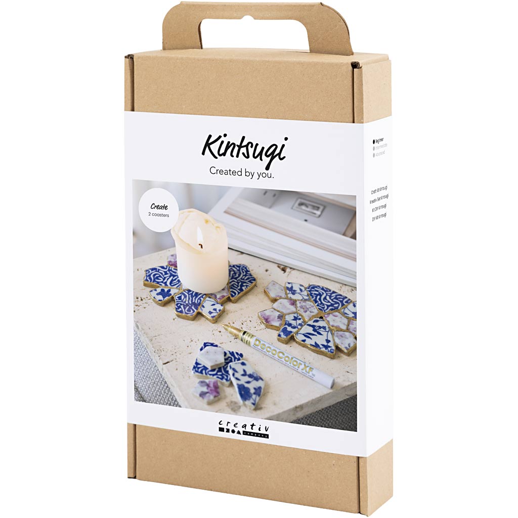 Craft Kit Kintsugi, Coaster, blue, gold, light red, white