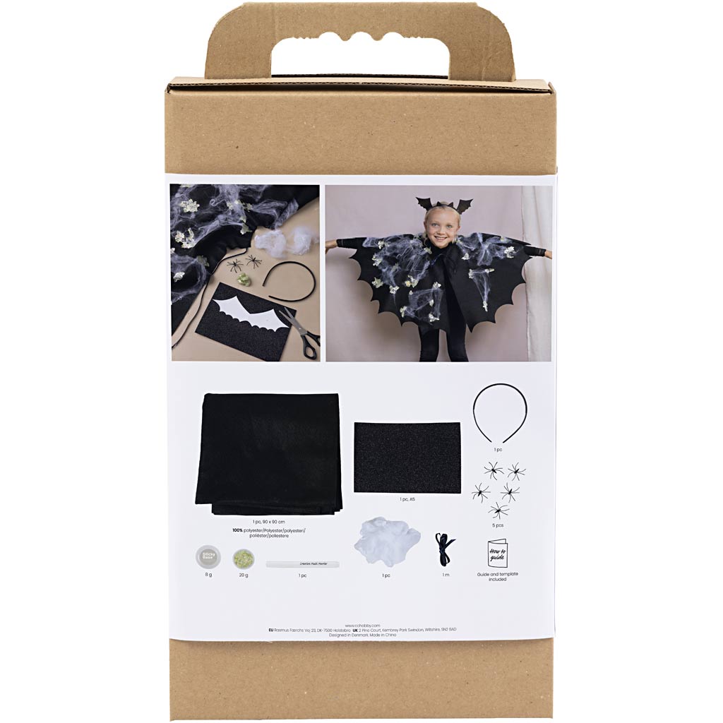 Craft Kit Spooky Costume, Bat cape and headband, black, black glitter