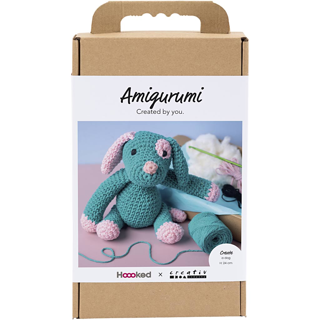 Craft Kit Amigurumi , Puppy, pastel pink, dark turquoise