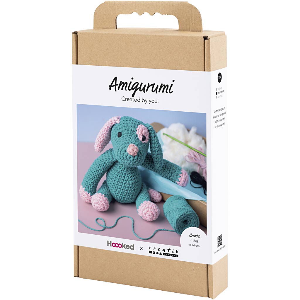 Craft Kit Amigurumi , Puppy, pastel pink, dark turquoise