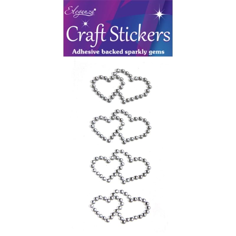 Diamante Double Open Heart Silver Eleganza Craft Stickers - 4 pieces