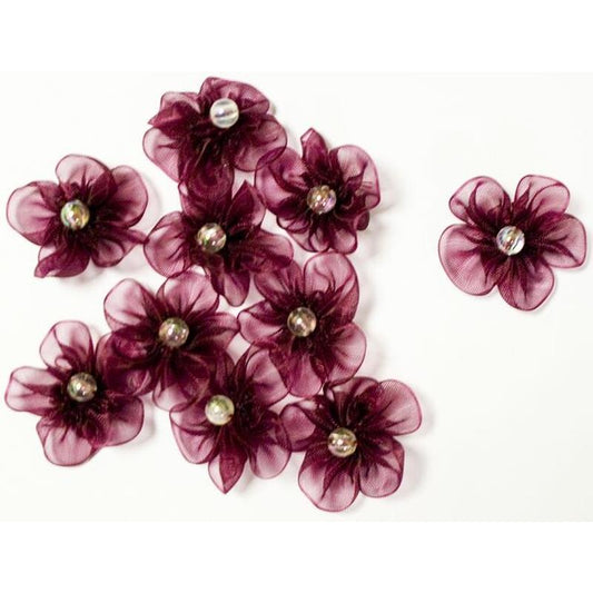 Wine Chiffon Flower With Pearl Sold in Bags of 10's