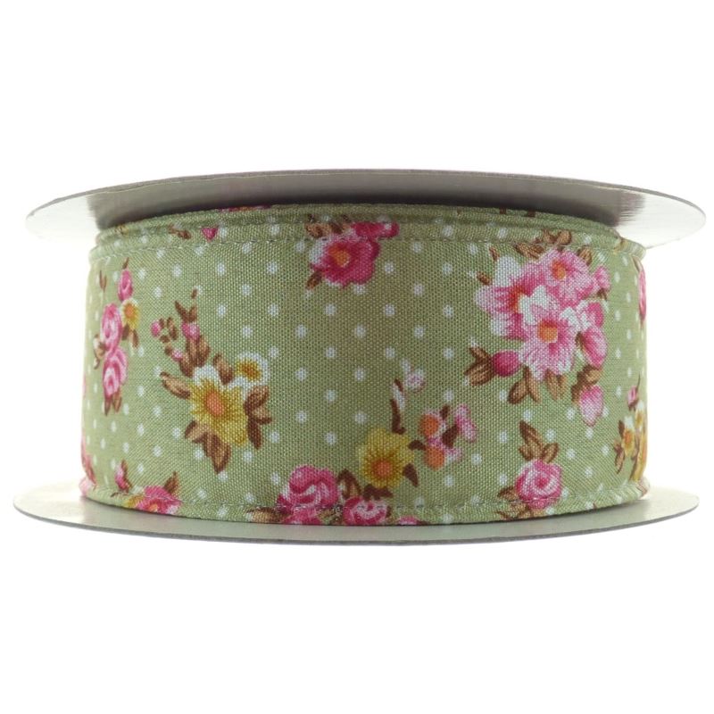 Vintage Flowers and Dots Ribbon 38mmx10m Green No.50